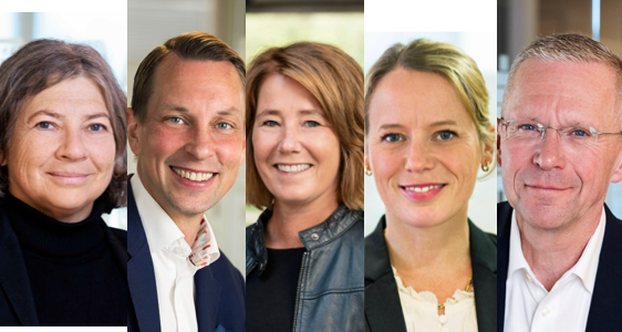 Fem porträtt av personer i rad