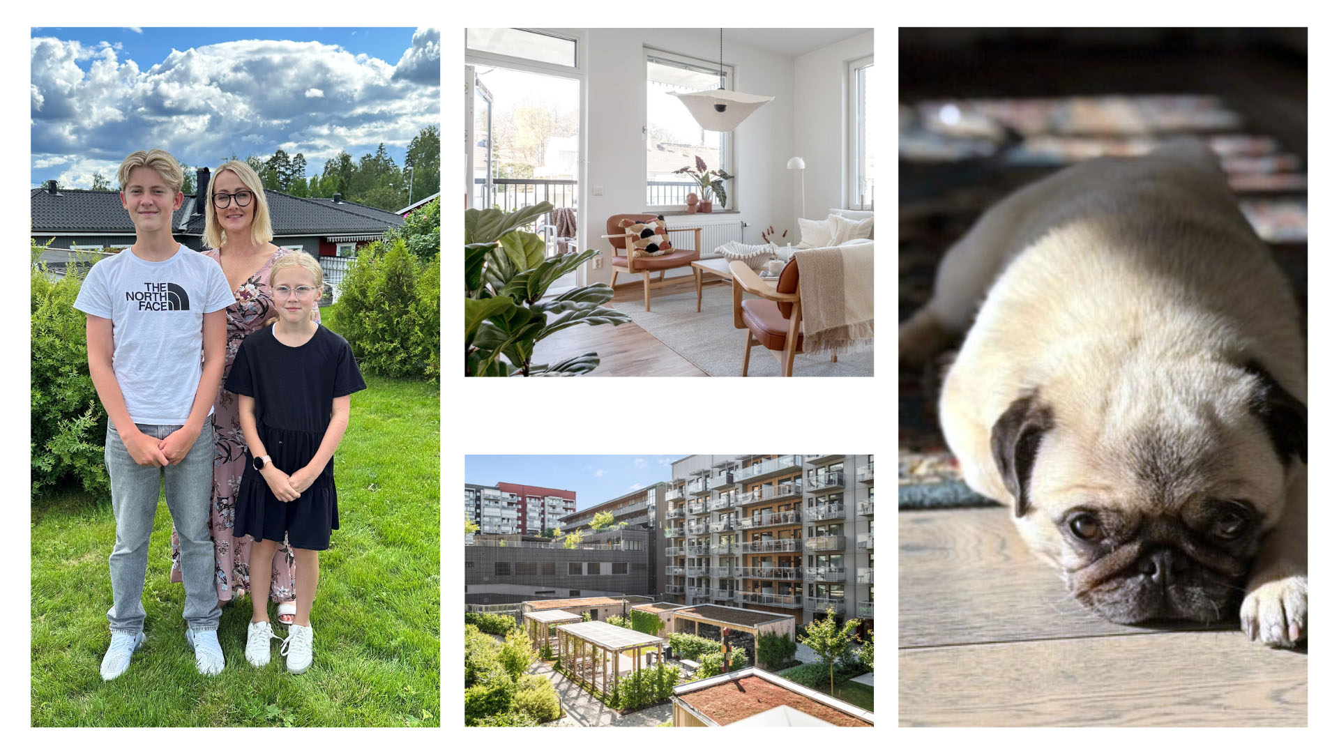 En familj på tre personer i en trädgård, ett ljust vardagsrum, en mops som ligger på golvet, och utsikt över ett bostadsområde med flerbostadshus