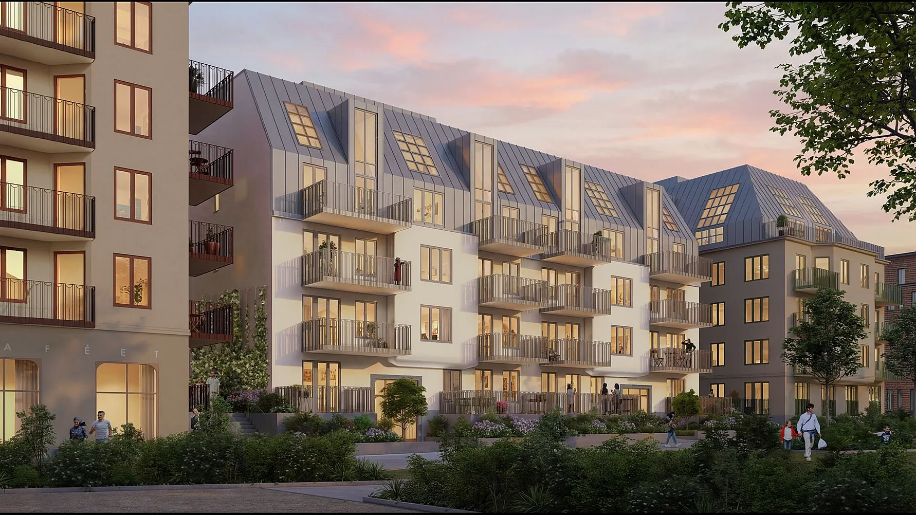 Lägenhet i modernt bostadshus med balkonger och kvällsljus
