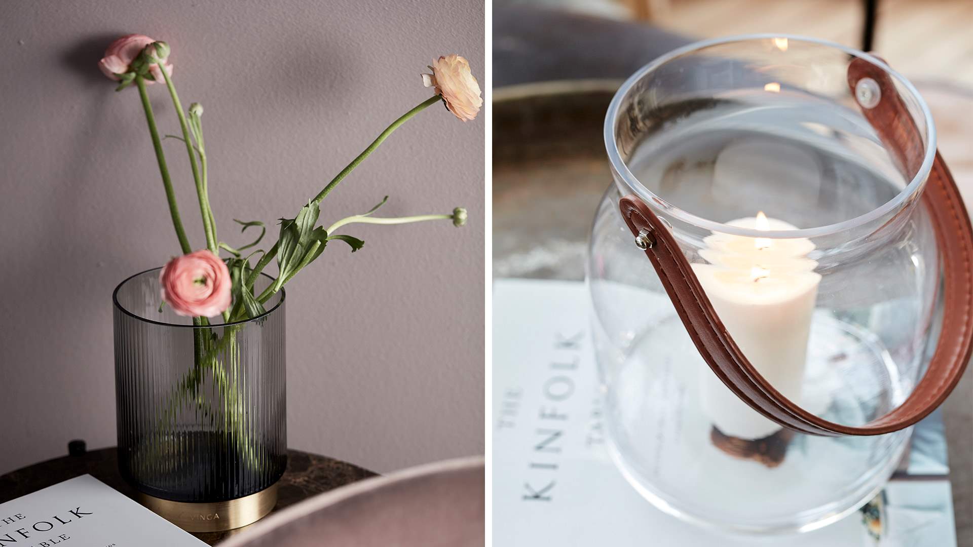 Två stillbenbilder; till vänster en svart vas med blommor, till höger en genomskinlig lykta med ett ljus inuti