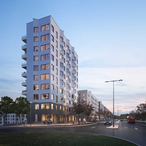 Visualisering gatuvy från Magelungsvägen med tänkt etapp 1 (höghuset) i förgrunden