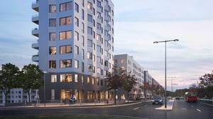 Visualisering gatuvy från Magelungsvägen med tänkt etapp 1 (höghuset) i förgrunden