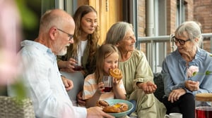 Familj fikar på balkongen