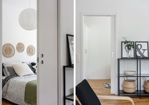 Kv. Kornknarren visningslägenhet 59 kvm, sovrum med skjutdörrar