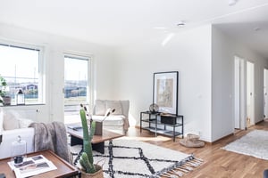 Vardagsrum med soffgrupp ut mot balkong