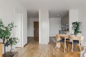 Vardagsrum mot kök och hall, 2 rok om 58 kvm