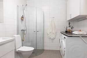 Badrum med tvättmaskin och torktumlare
