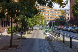 Gågata med stenläggning, träd, parkerade cyklar och bilar, med en flerfamiljsbyggnad i bakgrunden under en molnig himmel