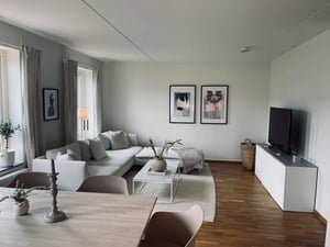 Ljust och modernt vardagsrum med en grå hörnsoffa, vita väggar, en TV på ett vitt skåp, trägolv och dekorativa växter