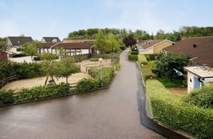 Bostadsområde med villa och radhus, omgiven av grönska och små trädgårdar, med en asfalterad väg i mitten under en klar himmel