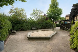 Lekplats med sandlåda omgiven av träd, buskar och bänkar på stensatt yta