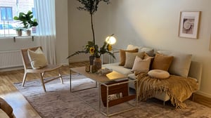 Soffhörna med beige soffa, kuddar och filt, ett soffbord med dekorationer, en stol, golvlampa och växter, placerad på en matta i ett ljust rum med fönster