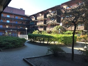 Innergård med flerbostadshus, grönska och gångvägar under en klar himmel