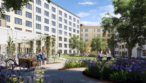 Innergård med moderna bostadshus, blomsterplanteringar, cykelställ och människor som promenerar under klarblå himmel