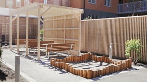 Lekplats med sandlåda omgiven av trästockar, sittplatser under tak och trädgårdsmiljö mot bakgrund av flerfamiljshus