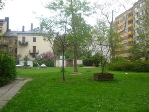 Grönskande park med gräsmatta, träd och buskar omgiven av flerfamiljshus. En lekplats med en spiralformad rutschkana syns i bakgrunden