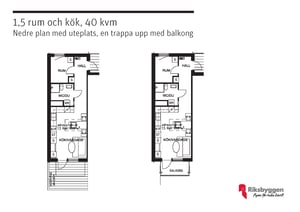 Planritning över en lägenhet med 1,5 rum och kök, 40 kvm, med nedre plan som inkluderar uteplats samt en trappa upp till övervåningen med balkong