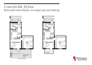 Planlösning för en lägenhet med 2 rum och kök, 50 kvm, inkluderar nedre plan och en trappa upp till balkong; Riksbyggen-logotyp synlig