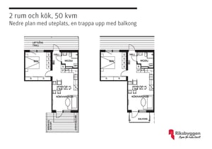 Planritning av en bostad med 2 rum och kök, 50 kvm, med nederplan som inkluderar uteplats och en trappa upp till en balkong