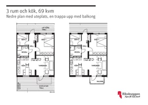 Planlösning för en bostad på 69 kvm med tre rum och kök, nedre plan med uteplats och övre plan med balkong