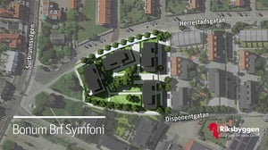 Flygvy över bostadsområdet Bonum Brf Symfoni med byggnader, grönområden och omgivande gator markerade