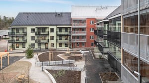 Flerfamiljshus med moderna fasader, balkonger och innergård med gångvägar och planteringar