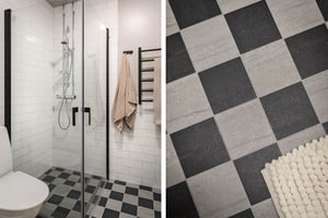 Badrum med duschutrymme, vita kakelväggar och svartvit rutigt golv. Närbild av svartvit rutigt klinkergolv med en matta bredvid