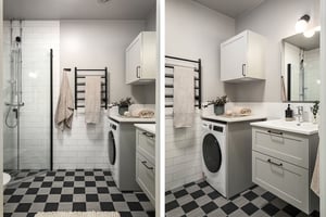 Badrum med duschkabin, svart och vit rutigt golv, vita kaklade väggar, handduksvärmare, tvättmaskin och ljusa skåpluckor