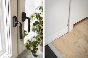 Bild på ett fönsterhandtag i metall bredvid en grön växt samt en närbild på en tröskel mellan ett trägolv och klinker