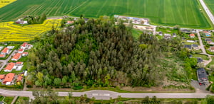 Flygfoto över ett skogsområde omgivet av bostäder, fält och en väg