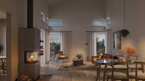 Modernt vardagsrum med högt tak, stora fönster, öppen spis, matbord med stolar, soffgrupp och dekorativa växter