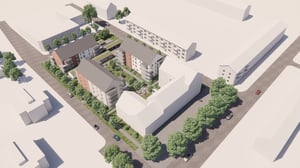 Visualisering av ett bostadsområde med flera flerbostadshus, grönytor, träd och parkeringsplatser