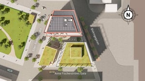 Illustration av en stadsplan med byggnader, grönområden och gator markerade, inklusive Ellen Klemans Gata, Anna Fischerströms Gata och Blekingegatan