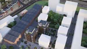 Vy över husen Brf Kopparvalvet