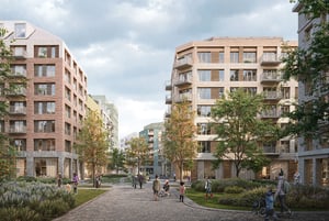 Flera moderna flerbostadshus med trädgårdar, gångvägar och människor som promenerar i ett grönskande område under molnig himmel