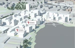 Illustration av ett stadsutvecklingsprojekt med många vita byggnader, vatten vid kanten och områden med grönska samt två skyltar med texten "Riksbyggen