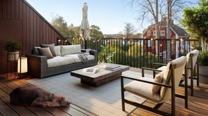 Terrass med trämöbler, soffgrupp, bord, och en liggande hund på ett trägolv, omgiven av natur och röda byggnader i bakgrunden