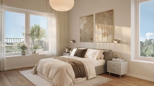 Sovrum med en stor säng, vita och beige färgtoner, två tavlor på väggen, fönster med utsikt över en balkong och grönska samt möbler i minimalistisk stil