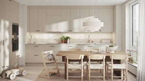 Ljus och modern köksinteriör med vita skåp, en trämatgrupp, stora fönster och dekorativa detaljer som växter och köksredskap