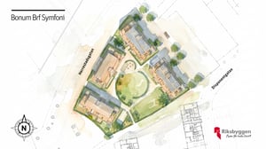 Karta över bostadsområdet Bonum Brf Symfoni med byggnader, grönområden och vägar markerade