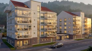 Visualisering av byggnader i vit fasad med passerande bil