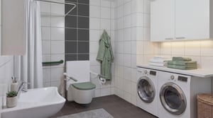 AI genererad bild på helkaklat badrum med tvättmaskin och torktumlare, grön och vit frotté på bänken ovan vitvarorna