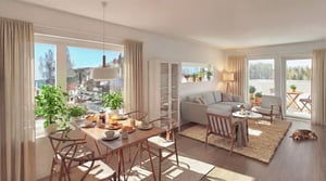 AI genererad bild på vardagsrum möblerat med soffgrupp ut mot balkong med härlig utsikt.