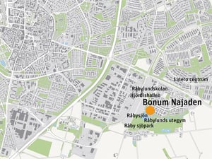 Karta över Lund med markering vid Bonum Najaden nära Råbysjön och Råby sjöpark