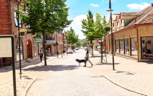 Solig stadsgata med träd, tegelhus och butiksfasader. En person går över gatan med en hund i förgrunden