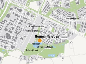 Karta över området kring Bonum Najaden vid Råbysjön i Lund