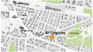 Karta över Brf Trädgården med markerad plats nära Romevallen