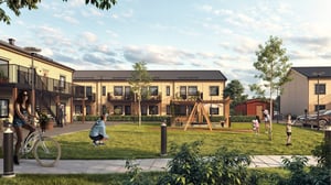 Illustration av en bostadsgård med flerfamiljshus, lekplats, gräsmatta och flera personer utomhus