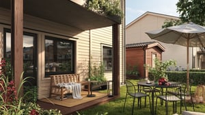 Trädgård med uteplats vid bostad, sittgrupp under parasoll och bänk på altan