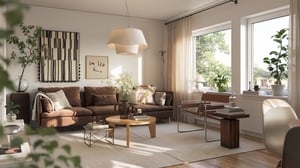 Vardagsrum med brun soffa, soffbord, växter och stora fönster i ett ljust hem